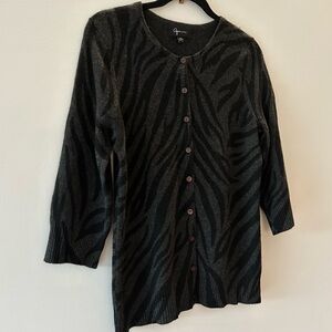 100% Cashmere Aqua | gray & black zebra print | Cardigan | 3/4 sleeves (size M)